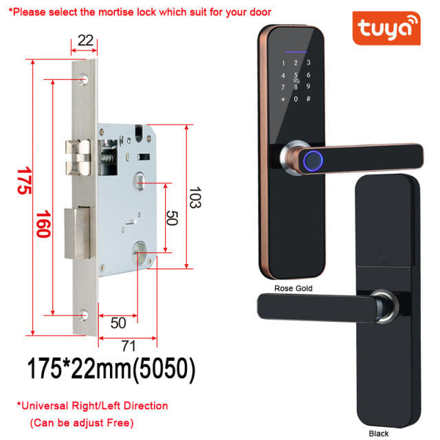 Tuya Wifi Electronic Smart Door Lock With Biometric Fingerprint / Smart Card / Password / Key Unlock/ USB Emergency Charge