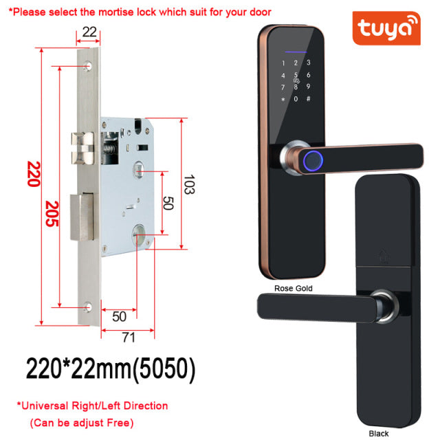 Tuya Wifi Electronic Smart Door Lock With Biometric Fingerprint / Smart Card / Password / Key Unlock/ USB Emergency Charge